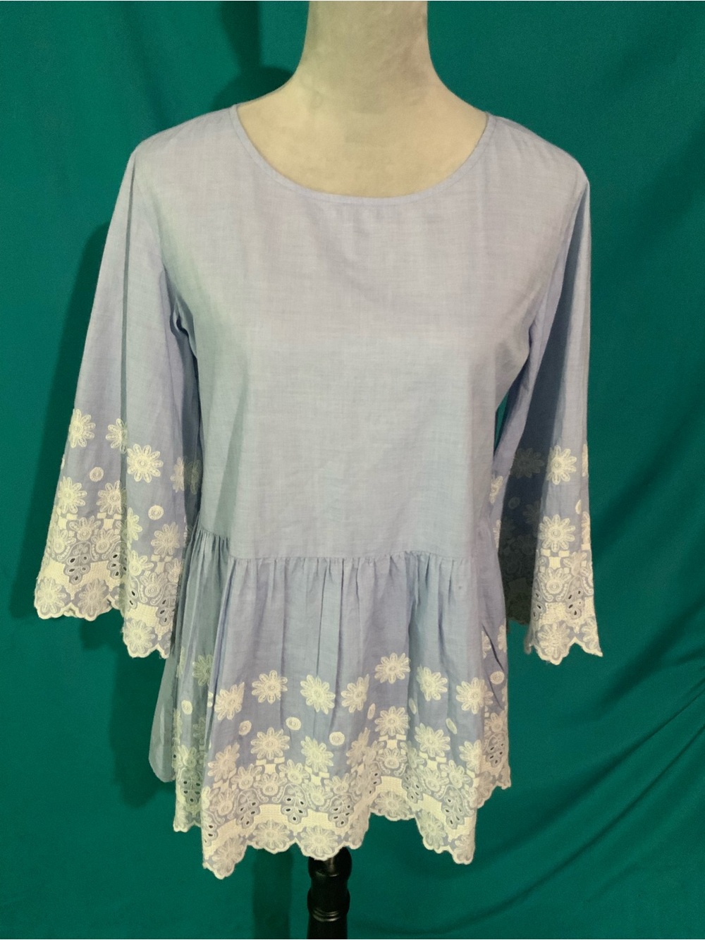 Sweet Magnolia Light Blue Embroidered Peplum Bohemian Tunic Blouse w/Lace Trim